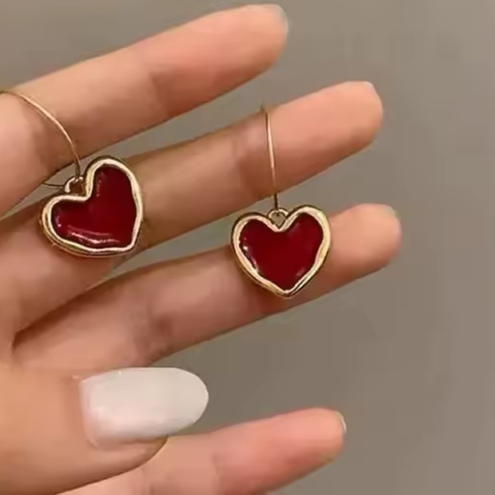 Red Heart Drop Earrings – Gold Tone Romantic Statement Earrings - Picture 3 of 5